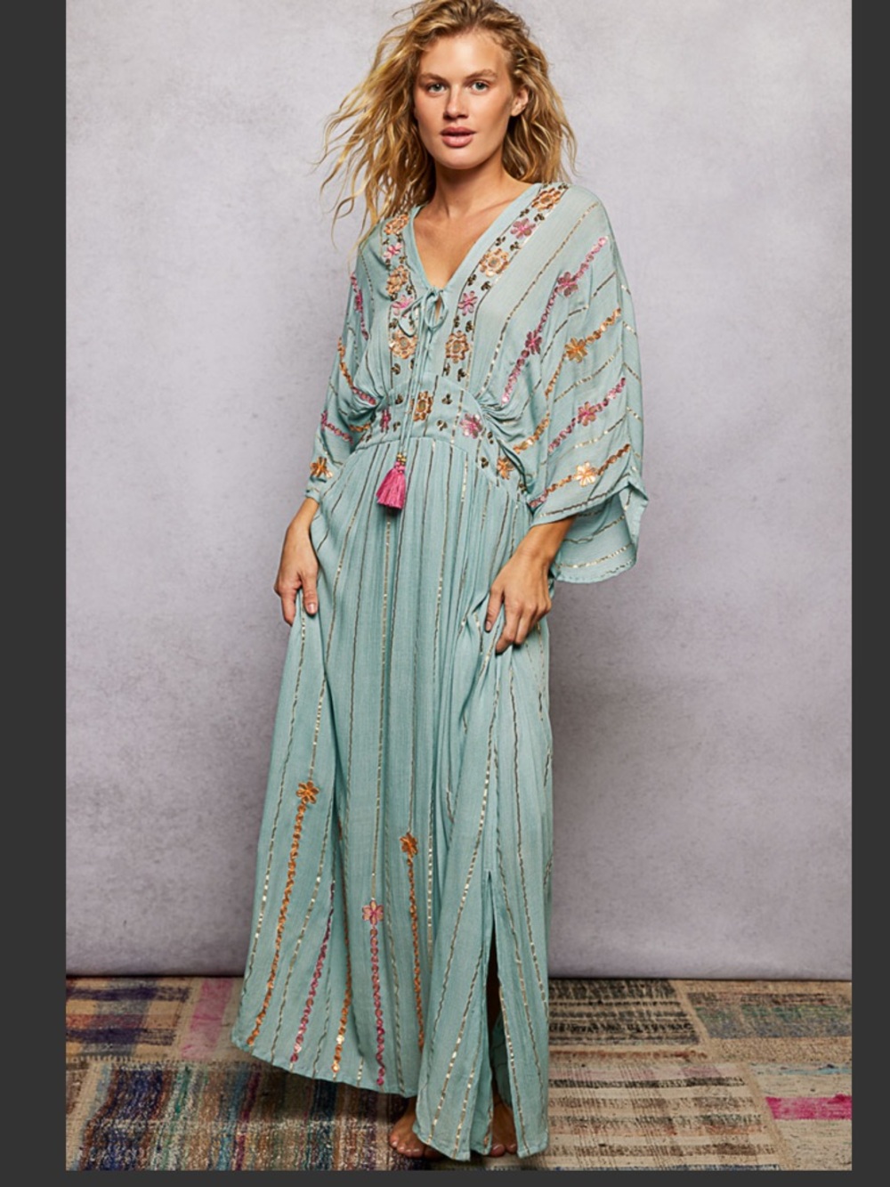 POL Seafoam Embroidered V-Neck Maxi Dress with Tassel